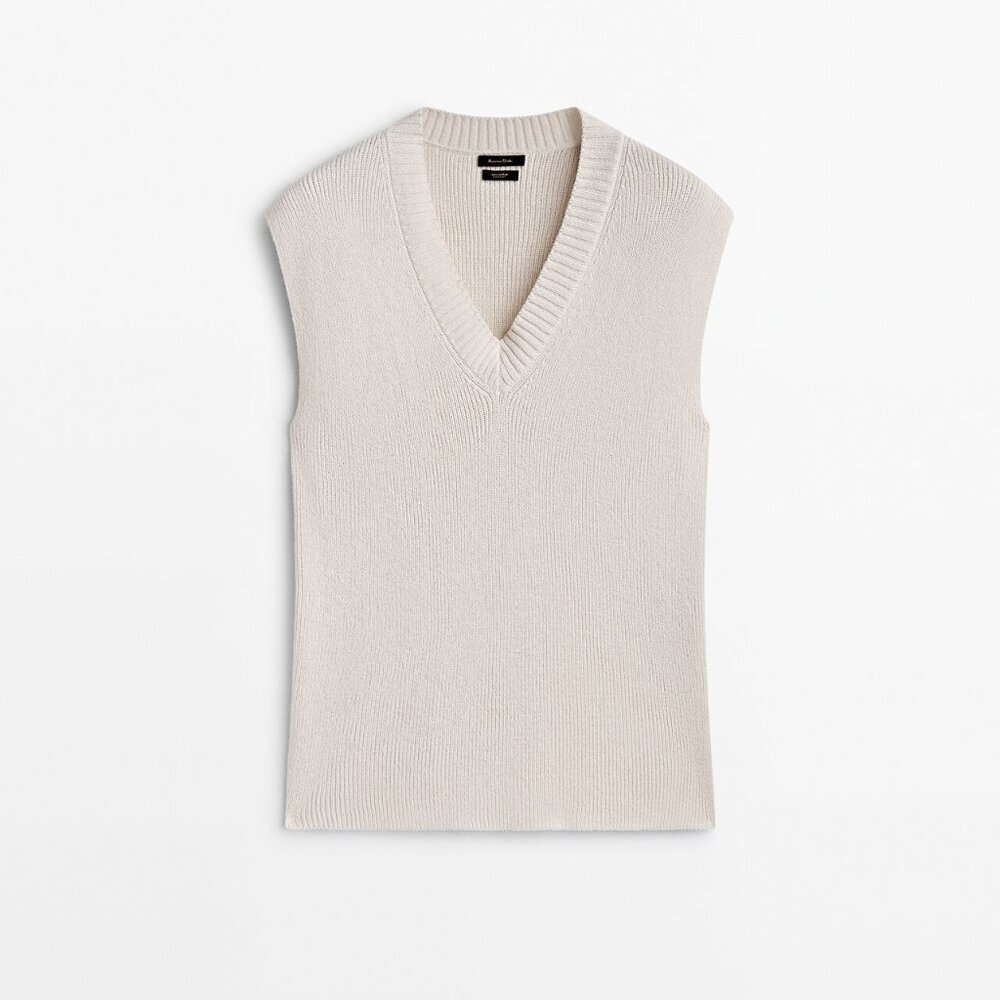 Massimo Dutti, White Wool V neck Vest - Size S